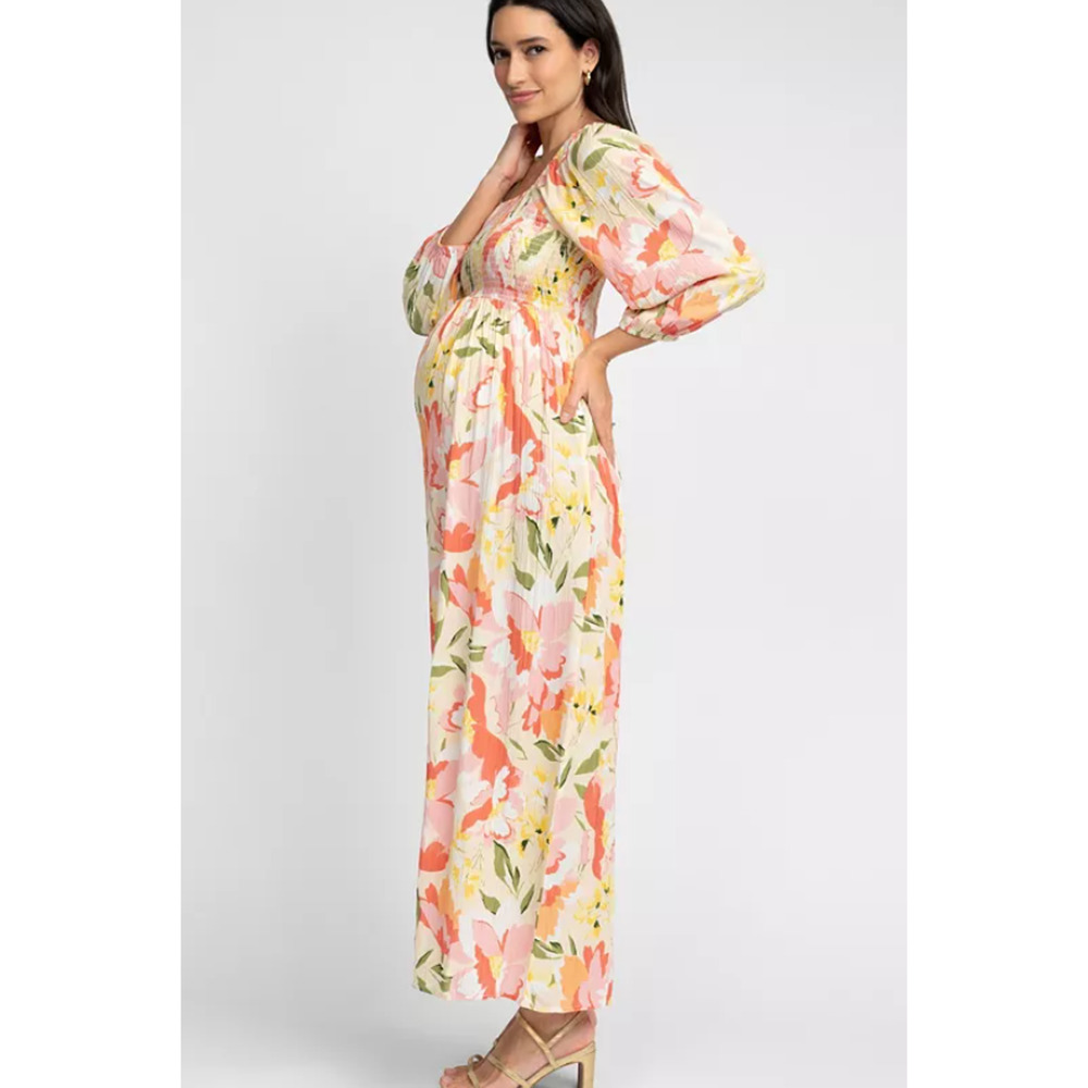 NWT Seraphine Maternity Floral Smocked Maxi Dress Pink Yellow Sz 4 Cottagecore